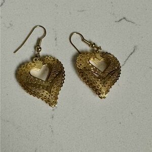 Gold Heart Filigree Drop Earrings - Elegant Women's Jewelry